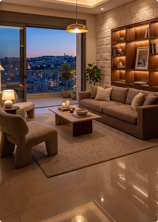 Jerusalem apartment living room at dusk