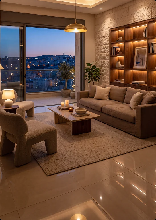 Jerusalem apartment living room at dusk