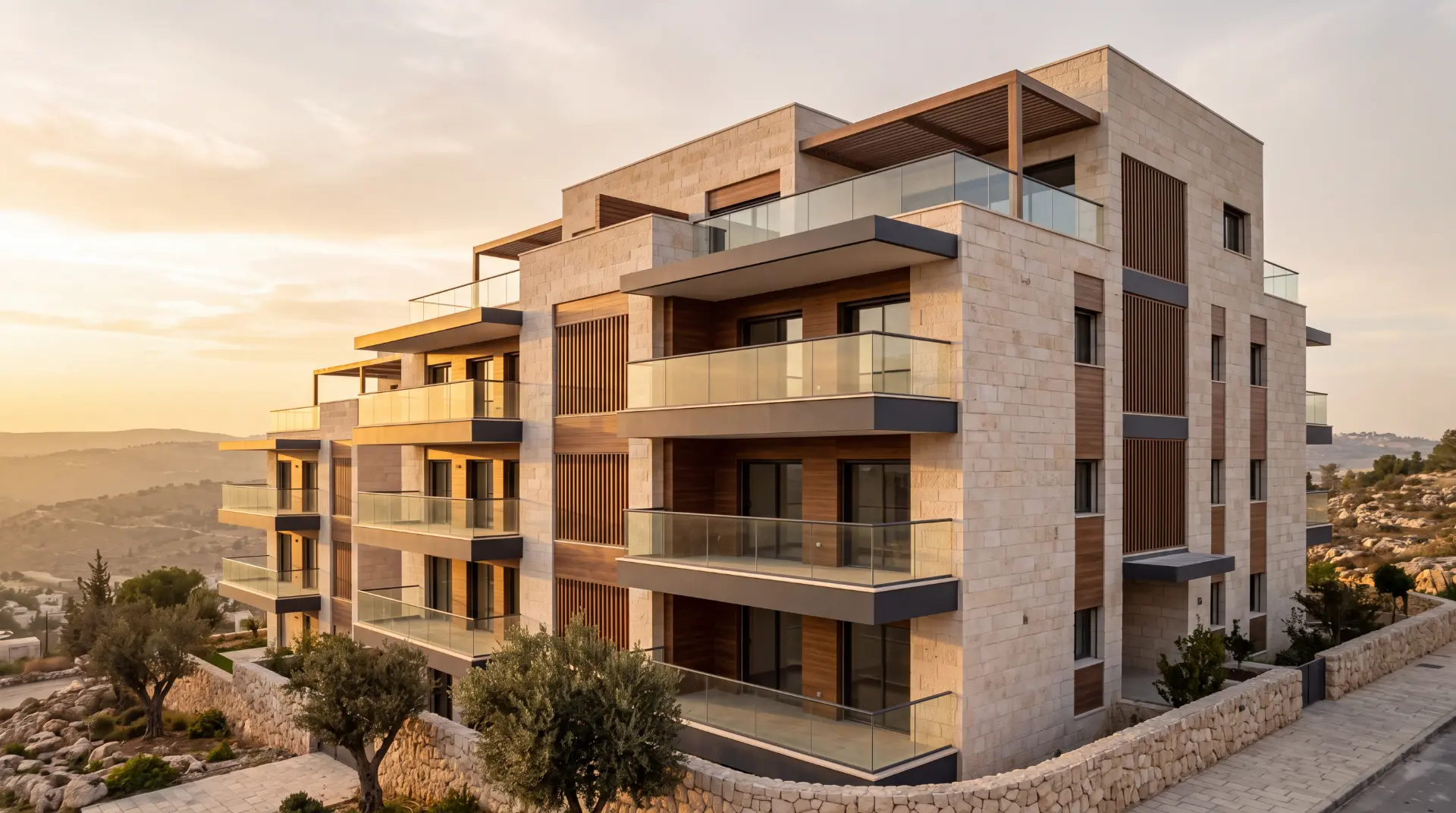 Boutique stone apartment building in Israel at sunset